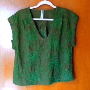 Anthropologie blouse, green with embroidery, medium